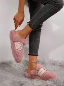 Women's Platform Fluffy Slide Sandals With Buckle, Closed Toe Slip On Slippers For Indoor/Outdoor Wear, Autumn/Winter