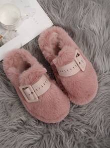 Women's Platform Fluffy Slide Sandals With Buckle, Closed Toe Slip On Slippers For Indoor/Outdoor Wear, Autumn/Winter