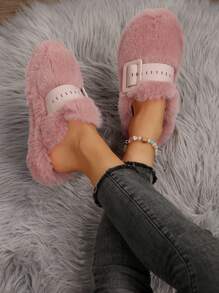 Women's Platform Fluffy Slide Sandals With Buckle, Closed Toe Slip On Slippers For Indoor/Outdoor Wear, Autumn/Winter