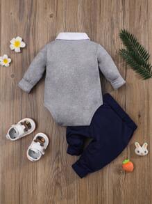 H HIBOBI 2件套男婴可爱狮子图案绅士风长袖连体衣和裤子套装，秋冬季 - 藏蓝色 - 查看 3