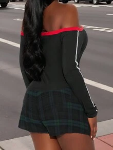 女士休闲街头服饰撞色洛杉矶字母印花圆领长袖针织 T 恤上衣