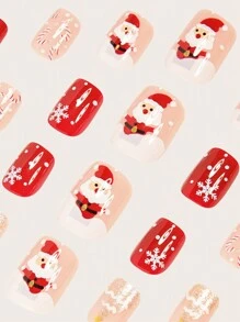 使用 24 件短方形圣诞按压指甲立即升级您的外观，圣诞假指甲甜美时尚白雪人圣诞老人闪光圣诞树红色假指甲优雅拐杖糖果白点假指甲圣诞指甲全覆盖假指甲适用于女性和女孩，包括 1 张粘性标签和 1 个迷你锉刀条果冻凝胶随机发货 - 紅色 - 查看 4