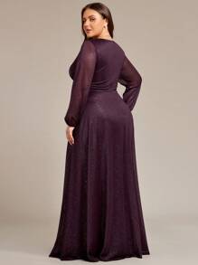 EVERPRETTY Plus Size Women Deep V-Neck Puff Sleeve Split Long Dress - Purple - View 2