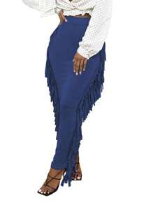 SEBOWEL Cotton Blend Sides Tassel Maxi Skirt Casual Bodycon Skirts Bottom