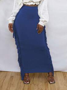 SEBOWEL Cotton Blend Sides Tassel Maxi Skirt Casual Bodycon Skirts Bottom