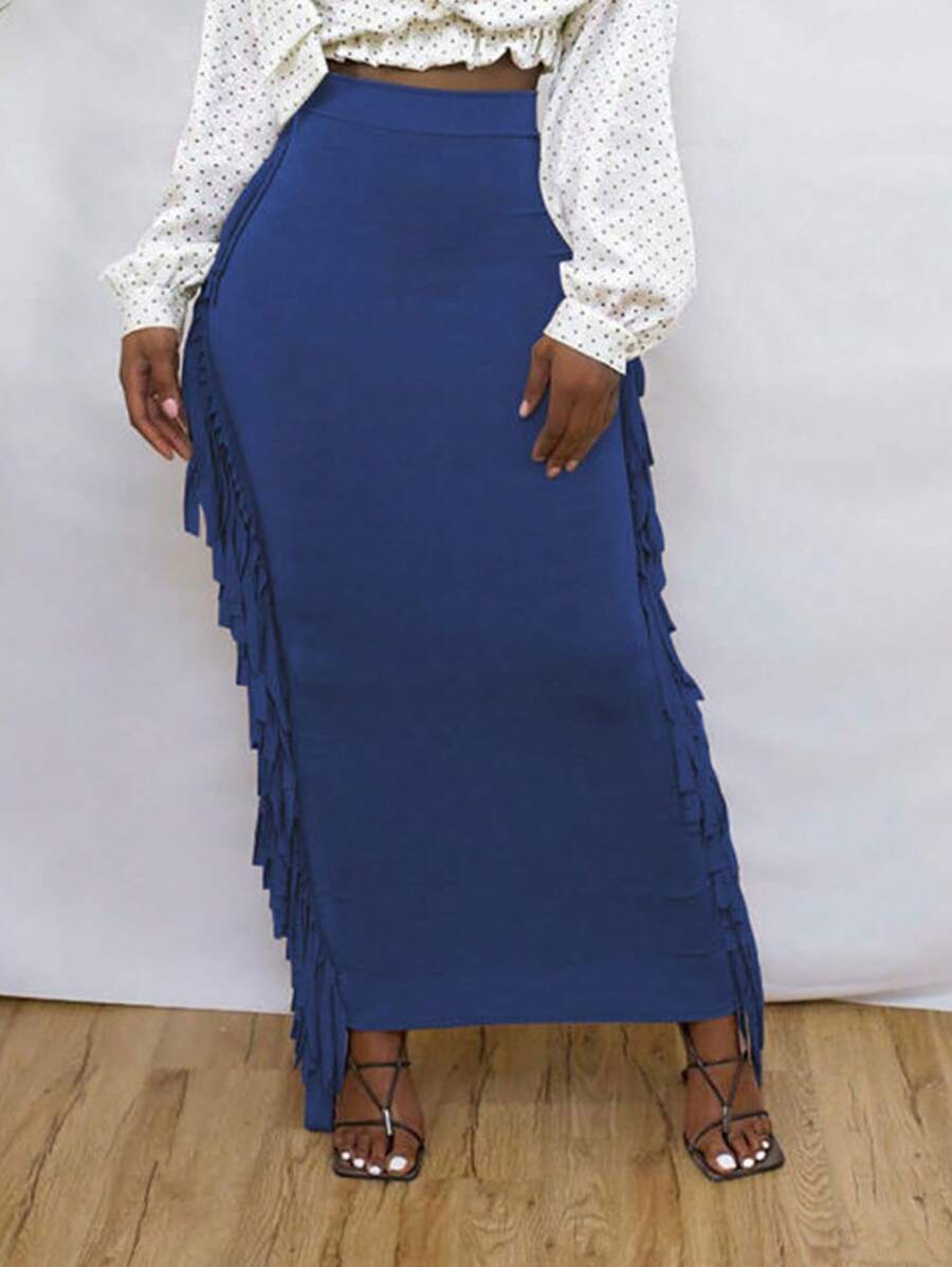SEBOWEL Cotton Blend Sides Tassel Maxi Skirt Casual Bodycon Skirts Bottom