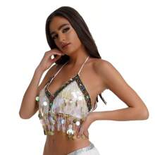 1pc Colorful Sequins Chest Wrapped Belly Dance Bra, Copper Gong Colored Diamond Stage Performance Top