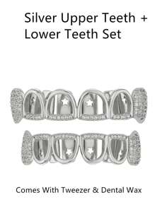 1pc/2pcs Hip Hop Style Vampire Hollow Teeth Grillz, Inlaid Shiny Zirconia 18K Gold Plated, Halloween Christmas Street Fashion Accessories, Comes With Tweezer & Dental Wax