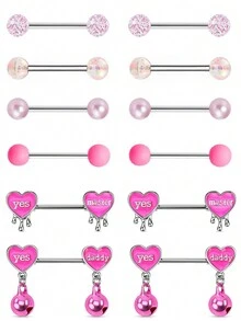 12 件可爱心形环氧涂层鼻环、肚脐环、直杠铃穿孔首饰套装 - 12件組合 - 查看 6