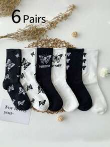 Set de 6 pares/1 par de calcetines de media pantorrilla con estampado de mariposa en negro y blanco, adecuados para primavera, otoño e invierno, con estilo fashionable tipo Ins, se pueden usar con zapatos casuales, tenis, como regalo para niñas, niños, mamá, papá, prendas de invierno para niñas y niños, regalo navideño