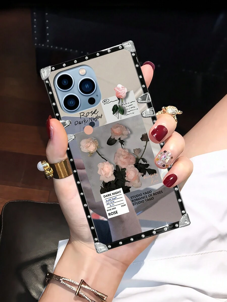 1 Ốp điện thoại hình chữ nhật họa tiết hoa vàng hồng tráng gương, Phụ kiện điện thoại độc đáo, Sáng bóng, Nghệ thuật, Đen mờ, Sang trọng, Tối giản, Hàng mới, Chất lượng cao, Cổ điển, Thanh lịch, Cao cấp, Cao cấp