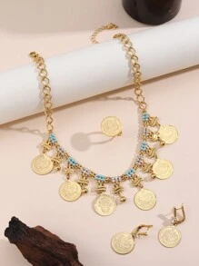 1 set de style bohème Boucles d'oreilles à pampilles avec pièce, bague et collier en alliage de cuivre plaqué or 18 carats avec incrustations de cristal, convient pour les femmes, port quotidien et cadeau de vacances
