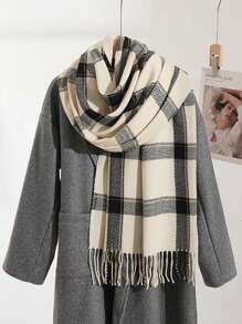 1 件舒适格子流苏围巾，长披肩，秋冬 - 彩色 - 查看 3