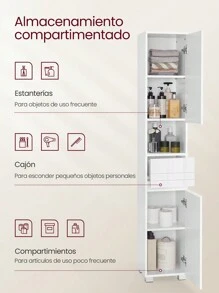 VASAGLE Mueble de Baño, Armario de Baño, Unidad de Almacenamiento de Baño, con un Cajón, Estantería, Compartimientos, Estantes Regulables, 30 x 30 x 170 cm, Blanco - Blanco - Ver 2