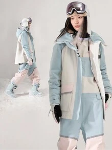 VECTOR MOTION Contrast Color Hooded Ski Jacket, Unisex Design, Padded Warm, Windproof, Waterproof, Cold-Proof, Abrasion-Resistant, Breathable, Stretchy, Lightweight Fleece, Suitable For Single/Double Board Skiing Equipment