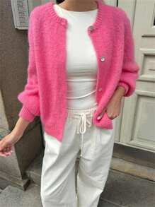 Women Button Up Sweaters Casual Lightweight Solid Color Knit Cardigans Warm Fall Knitwear For Outerwears Streetwear - Hot Pink - View 4