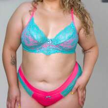 Plus Size Lingerie Set In Neon Colors With Underwire Quality Lace Bra And Panties - Mint Blue - View 3