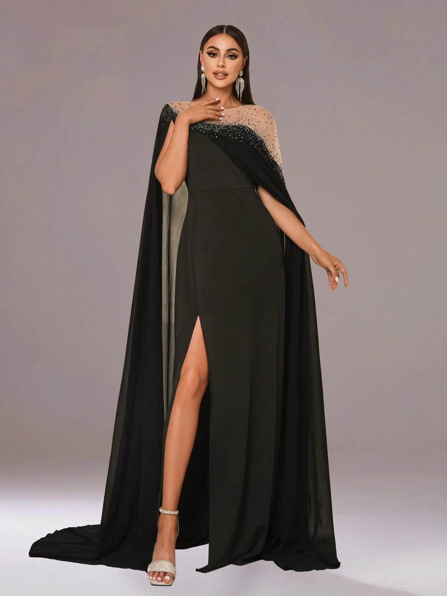 Missord Váy dạ hội Maxi xẻ tà đính đá Rhinestone cho nữ màu đen thanh lịch dài tay trang trọng dự tiệc cưới, dự tiệc tốt nghiệp, tiệc tối - màu đen - Xem 1