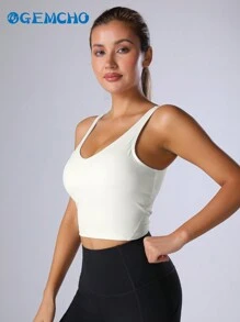 GEMCHO Camiseta de yoga deportiva para mujer con soporte medio, sin aros, con relleno y diseño de tirantes largos, para primavera/verano