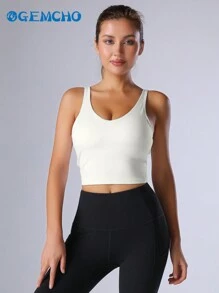 GEMCHO Camiseta de yoga deportiva para mujer con soporte medio, sin aros, con relleno y diseño de tirantes largos, para primavera/verano
