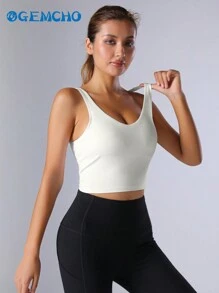 GEMCHO Camiseta de yoga deportiva para mujer con soporte medio, sin aros, con relleno y diseño de tirantes largos, para primavera/verano
