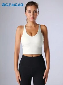 GEMCHO Camiseta de yoga deportiva para mujer con soporte medio, sin aros, con relleno y diseño de tirantes largos, para primavera/verano