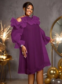 大码女式荷叶边露肩宽松连衣裙优雅长袖鸡尾酒会半正式舞会婚礼宾客礼服，适合生日、毕业典礼、晚宴、返校节派对礼服