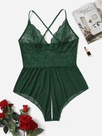 性感内衣加大码性感连体裤配绿色吊带，蕾丝网眼连体裤