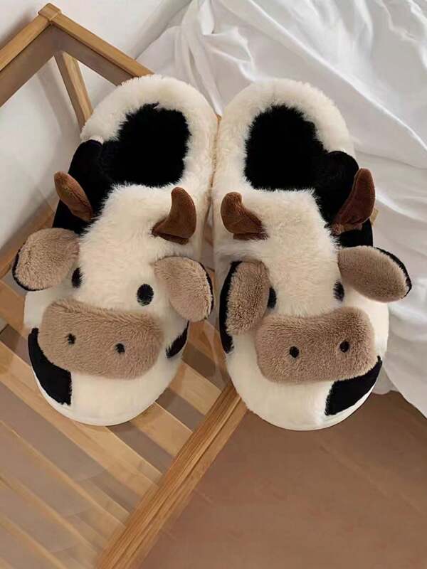 Zapatillas de felpa con diseñooe anima oe diouios animados,Pantuflas cómodas con diseñode vaca, de patrón de animal dedibujos animados, de peluche,cálidas y antideslizantes para usaren casa,cálidas yantideslizantes, cómoda ycon patrón de vaca de moda