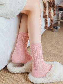 1 Đôi tất cổ cao dày lót nhiệt dệt kim màu trơn cho nữ - Nhiều màu - Xem 9