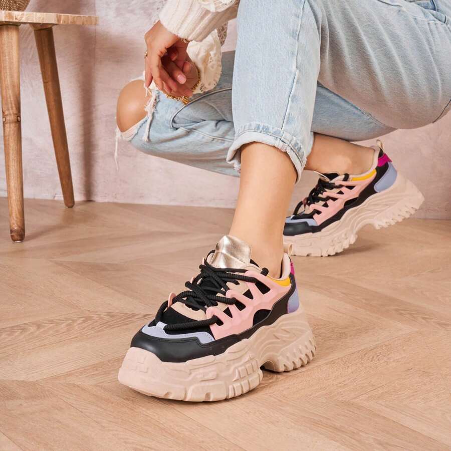Women's Sneakers With Thick Notched Sole, Multicolored Color And Suede Effect - Black - View 1