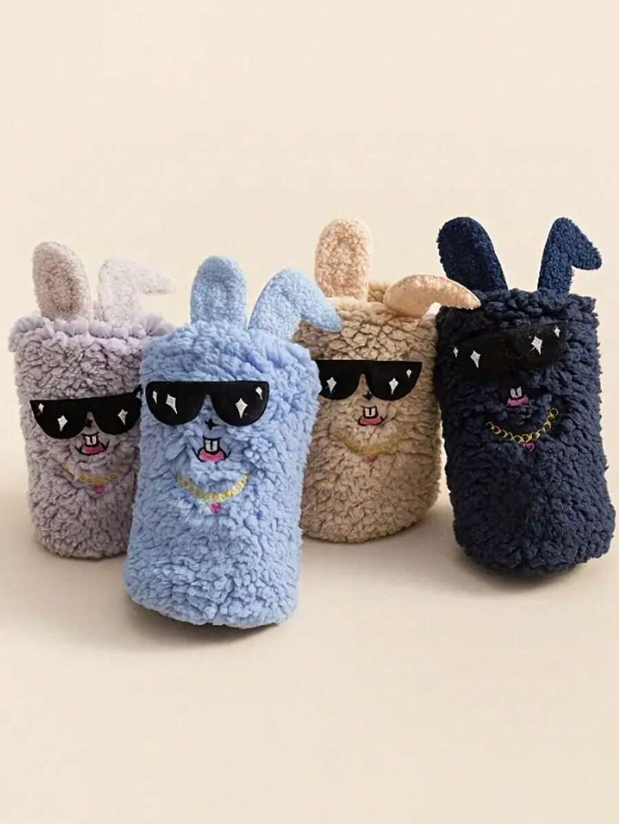 1 双男女通用拖鞋袜，带卡通太阳镜兔子图案，保暖内衬，厚防滑家居袜 - 彩色 - 查看 1