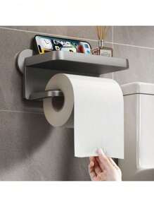 1 Set Toilettenpapierhalter zum Aufhängen - selbstklebend, für große Rollen, grau/schwarz mit Ablage, geeignet für Badezimmer, passend für verschiedene Badezimmerstile - einfache Atmosphäre, Toilettenpapierhalter zum Aufhängen ohne Bohren, Badezimmer Dekoration, Herbstdekoration