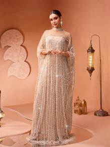 新款奢华高端亮片、亮片蕾丝拼接弹力内衬女士优雅两件套土耳其长袍连衣裙（尺码偏大，建议顾客下单时查看尺码表）