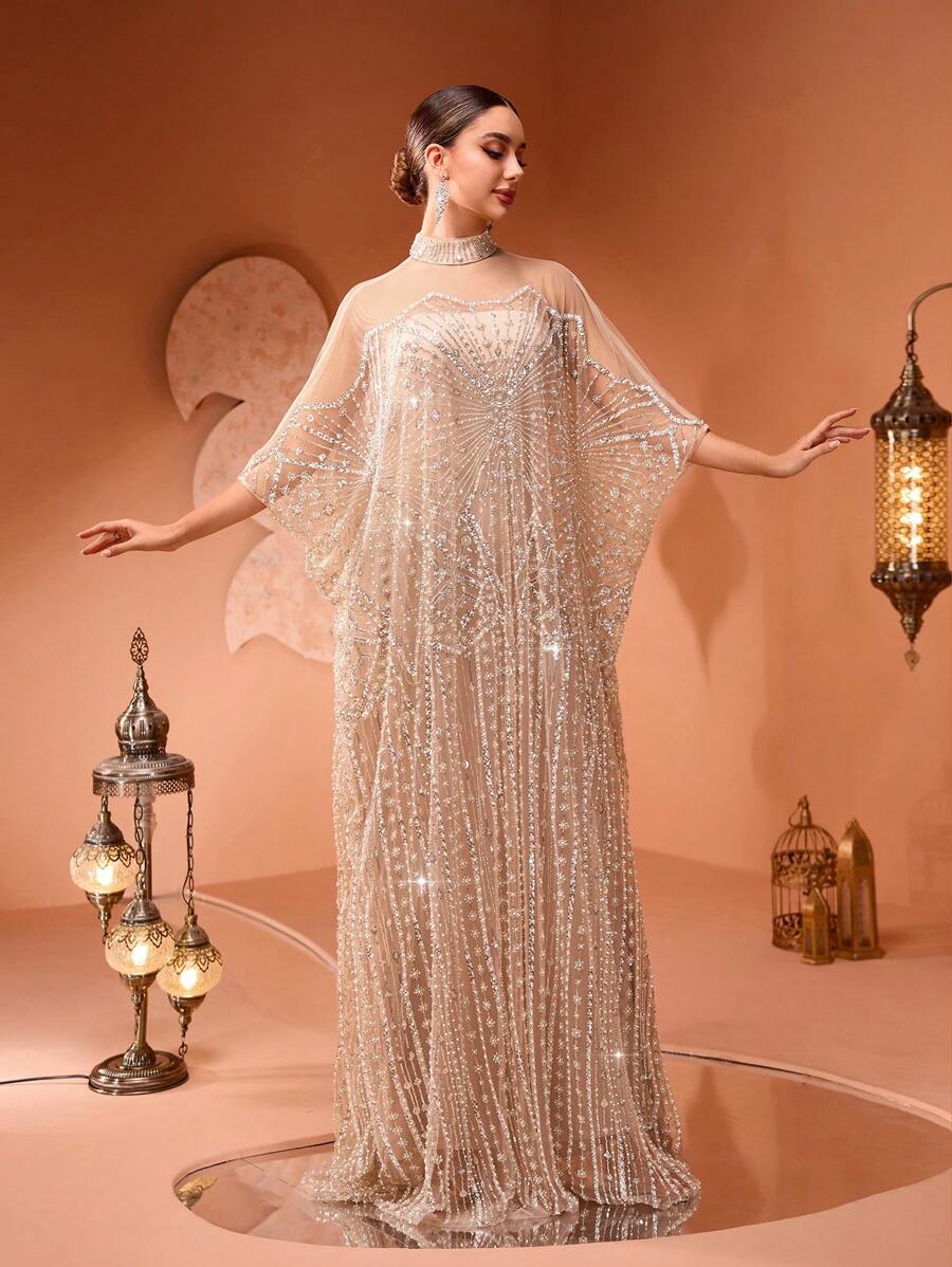 AMILUCK Luxury Sequin, Sequins & Lace Loose Batwing Sleeve H-Shape Jacket With Elastic Lining, Women's Elegant 2-Piece Set Turkish Arabic Abaya Dress, Suitable For Formal Evening, Wedding, Party (Size Runs Large, Please Check Size Chart When Ordering)