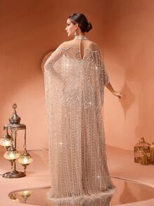 新款奢华高端亮片、亮片蕾丝拼接弹力内衬女士优雅两件套土耳其长袍连衣裙（尺码偏大，建议顾客下单时查看尺码表）