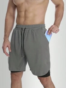 Short 2 E 1 Duplo Masculino Bolso Oculto Academia Compressão - Cinza - Visão 1