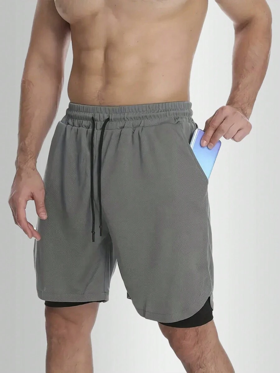 Short 2 E 1 Duplo Masculino Bolso Oculto Academia Compressão - Cinza - Visão 1
