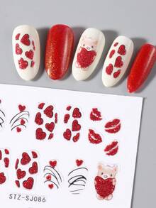 FULL BEAUTY Valentines Nails 2pcs Glitter Cartoon Bear Heart Nail Stickers Valentine's Day French Style Love Bear Lip Print Love Lock Letter Nail Decals Tự dính đầy màu sắc Valentine Nail Supplies For Acrylic Nails - Nhiều màu - Xem 6