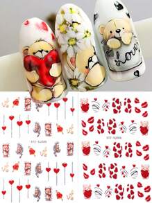 FULL BEAUTY Valentines Nails 2pcs Glitter Cartoon Bear Heart Nail Stickers Valentine's Day French Style Love Bear Lip Print Love Lock Letter Nail Decals Tự dính đầy màu sắc Valentine Nail Supplies For Acrylic Nails - Nhiều màu - Xem 1