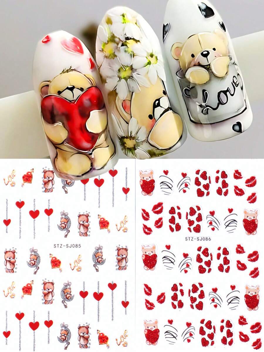 FULL BEAUTY Valentines Nails 2pcs Glitter Cartoon Bear Heart Nail Stickers Valentine's Day French Style Love Bear Lip Print Love Lock Letter Nail Decals Tự dính đầy màu sắc Valentine Nail Supplies For Acrylic Nails - Nhiều màu - Xem 1