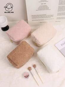 可定制名字刺绣毛绒化妆包，大容量高品质手拿化妆品收纳袋，日本 Ins 笔盒，羊毛高端便携式旅行包女士 - 彩色 - 查看 1