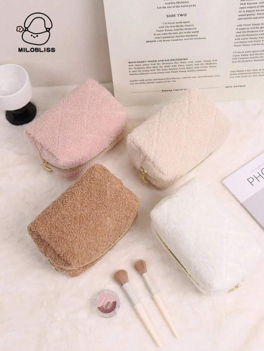 可定制名字刺绣毛绒化妆包，大容量高品质手拿化妆品收纳袋，日本 Ins 笔盒，羊毛高端便携式旅行包女士 - 彩色 - 查看 1