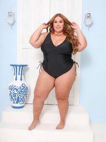 Lolla Plus Size Swimsuit Versatile Plain Pool Beach Black - 黑色 - 查看 5