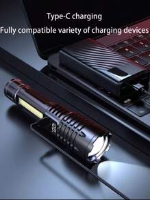 1pc Strong Light LED Flashlight,Battery Display, COB Side Light, Plastic Rechargeable Portable Type C Charging Lamp Long-Range Telescopic Zoom Outdoor For Camping, Hiking, Hunting And Emergencies, Camping Accessories