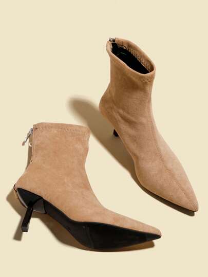 Women's Apricot Suede Ankle Boots & Ankle Boots With 7cm High Heels, Elastic Skinny Boot, Comfortable & Fashionable Booties, High-Heeled Shoes, Stiletto Boots
