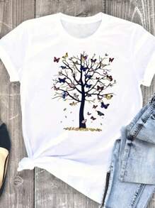 Women's T-Shirt Tree Butterfly Print Peace Summer - trắng - Xem 1