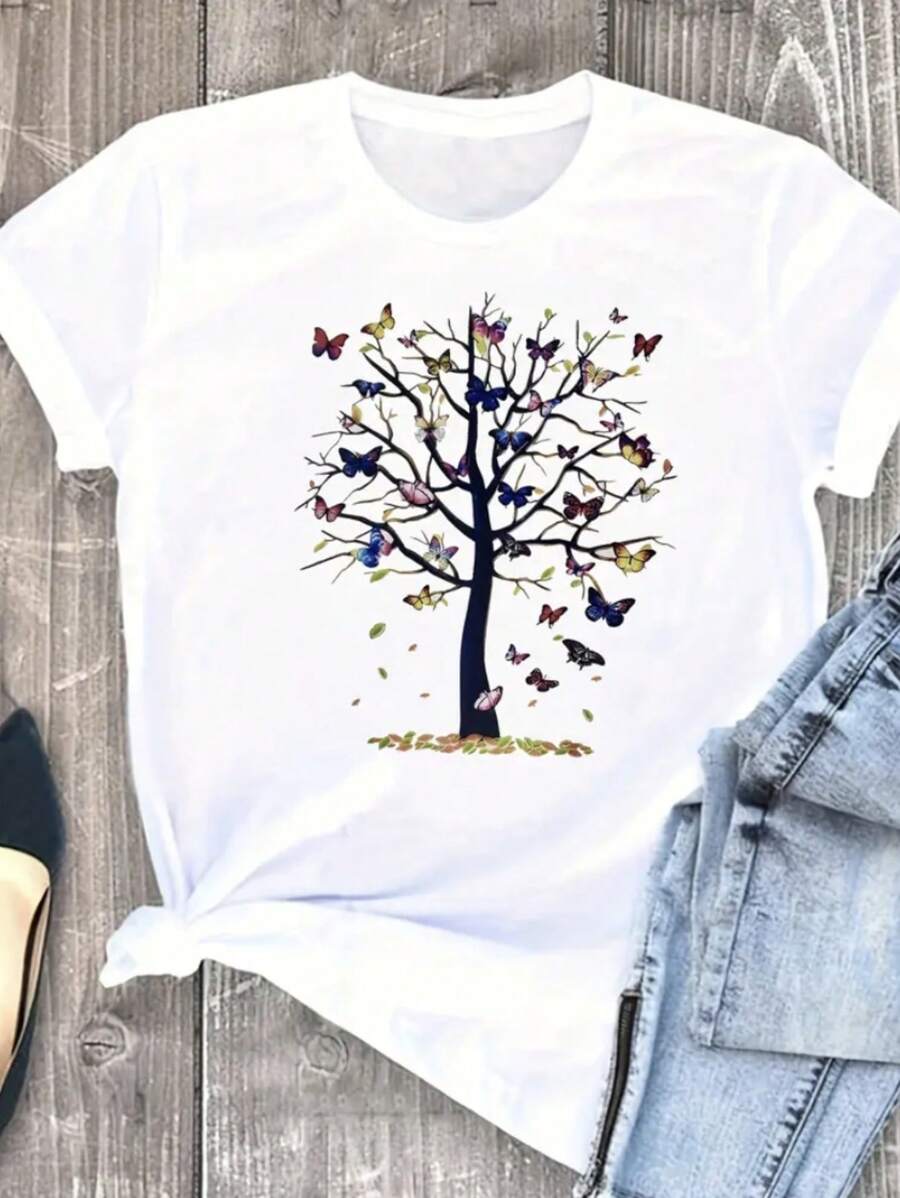 Women's T-Shirt Tree Butterfly Print Peace Summer - trắng - Xem 1