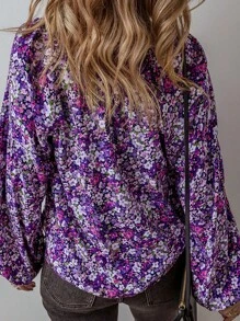 Scacto Floral Printed V-Neck Chiffon Blouse Women Fashion Bohemian Style Long Sleeve Top Women - Màu tím - Xem 4