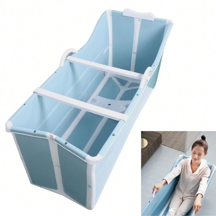 Rainaut Portable Bathtub 53In Collapsible Soaking Bath Tub Blue Thickened Plastic Folding Bathtub Freestanding Bathtub For Adults, Bearing Capacity 92.48lbs (Without Lid) Portable Foldable Bathtub Soaking Standing Bath Tub For Hot Bath Ice Bath Spa The Best Gift/Present For Family&Friends Happy Christmas - Blue - View 1
